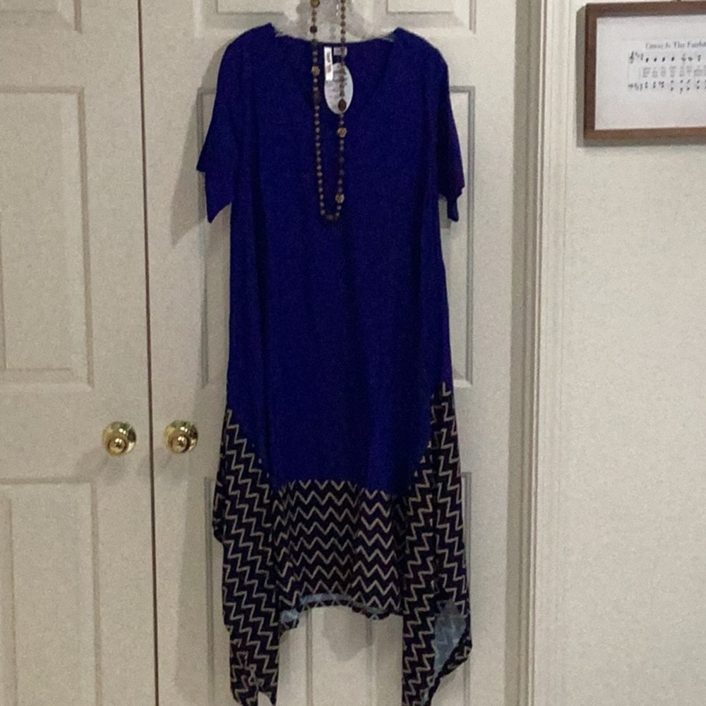 Blue and Black Asymmetrical High-Low Dress with Crew Neck